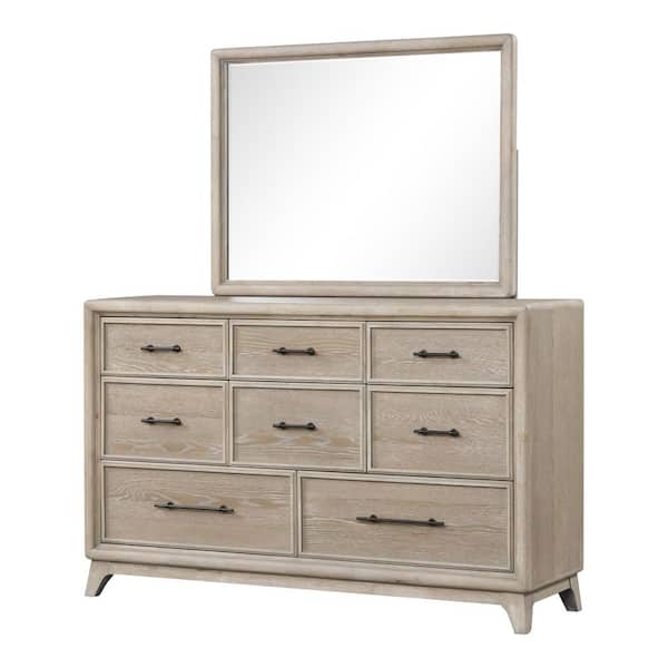 Liston Oak 8-Drawer 64 in. Dresser with Mirror and Black Metal Handles