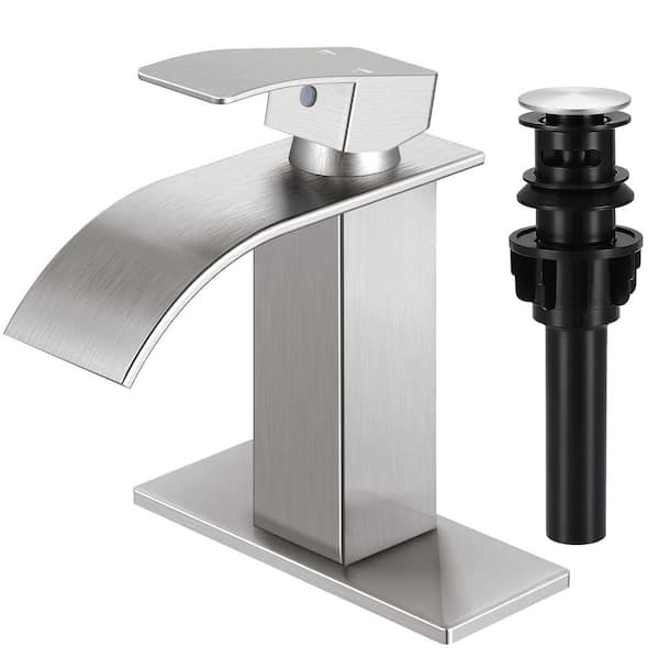 AKLFGN Waterfall Spout Single Handle Single Hole Bathroom Faucet with Deckplate and Pop-up Drain in Brushed Nickel