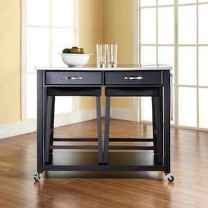 Black Kitchen Cart with Stainless Top and Stools