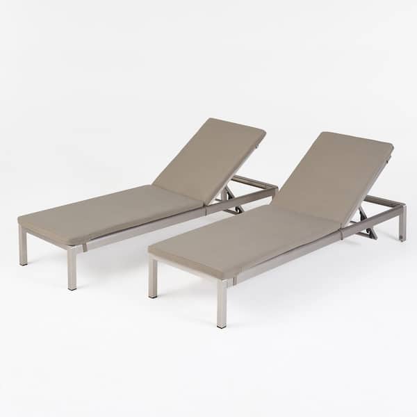 Noble House Cape Coral Silver 2-Piece Aluminum Outdoor Chaise Lounge with Khaki Cushions