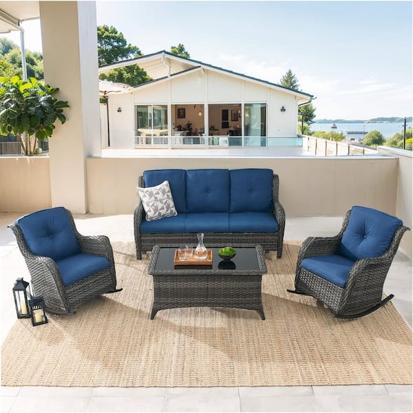 Carlos 4-Piece Gray Wicker Patio Conversation Set with Rocking Chairs, Outdoor Sofa Seating Set with Blue Cushions