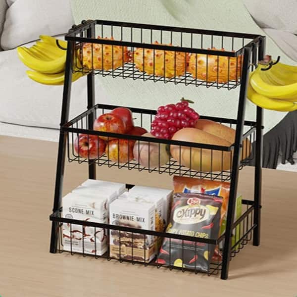 1 Piece 3-Tier Fruit Basket with 4 Banana Hooks, Extra Large Metal Wire Kitchen Organizer for Countertop, Rust-Proof