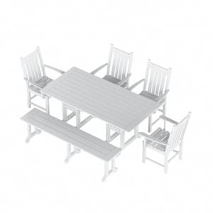 Hayes 6-Piece HDPE Plastic Outdoor Patio Rectangle Table Dining Set with Bench and Armchairs in White