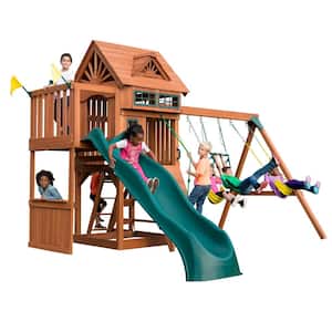 Professionally Installed Sky Tower Terrace Wood Complete Swing Set w/ 5 ft. Terrace, Slide and Playset Accessories