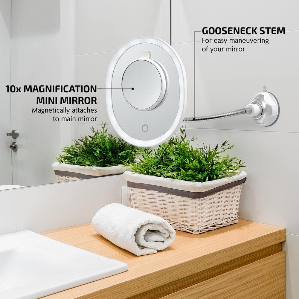 White Oval Wall Mounted Magnifying Makeup Mirror with LED Light