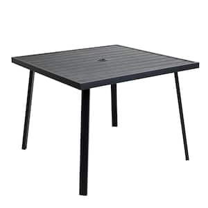 Charcoal Black Square Metal Outdoor Dining Table with Umbrella Hole for Outside Patio