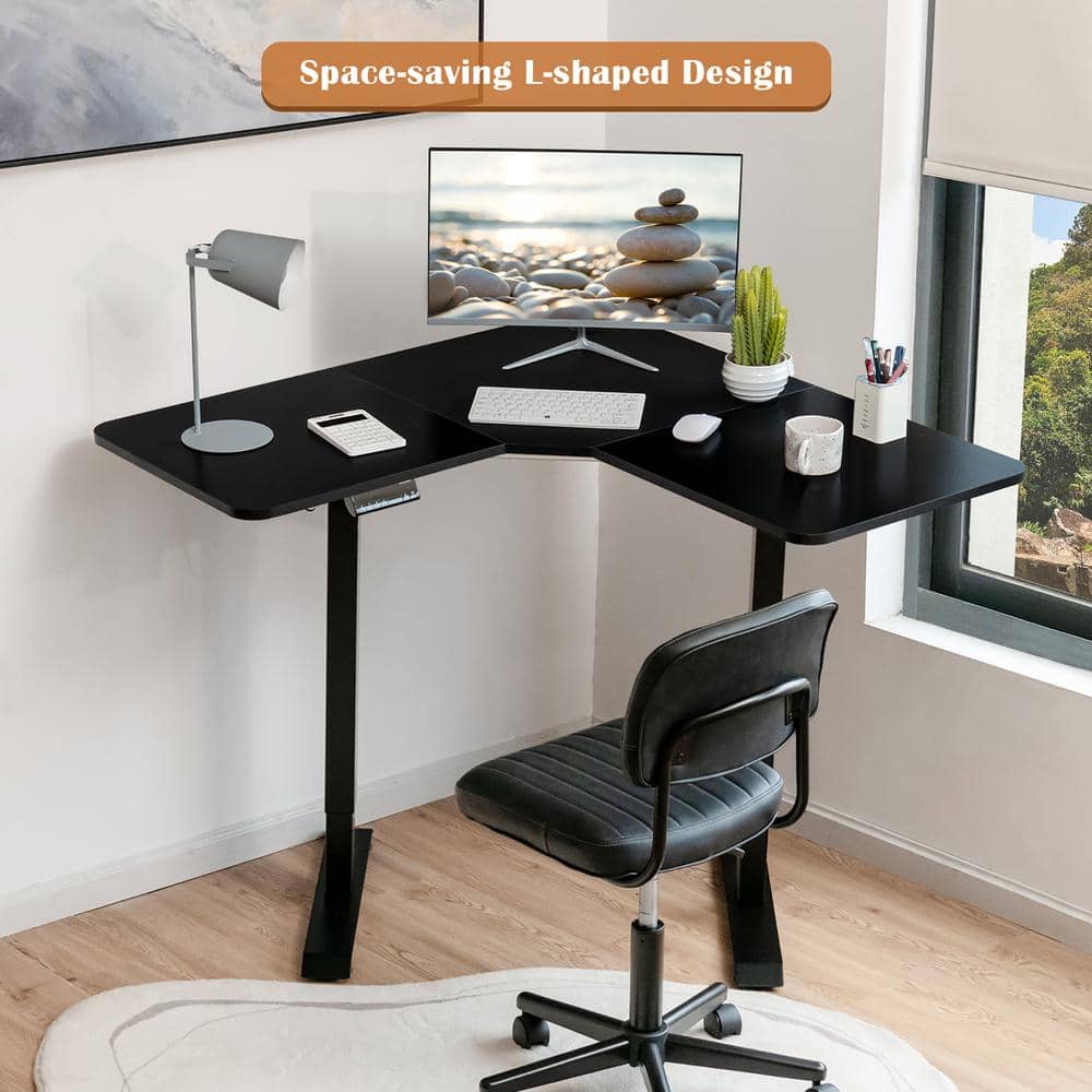 Black Adjustable Height L-Shaped Standing Desk with Hooks