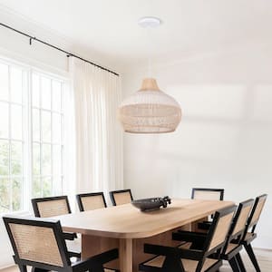 1-Light Two-Tone Hand-Woven Open-Weave Rattan Pendant Light, White and Natural Basket Shape, No Bulbs Included 20 in.