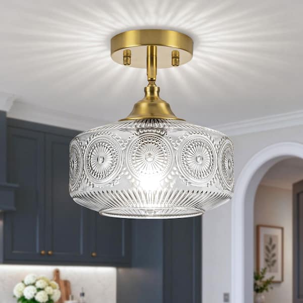 BeamHaven 9.5 in. Drum Brushed Brass Vintage Semi-Flush Ceiling Light with Flower for Kitchen Bedroom, Porch