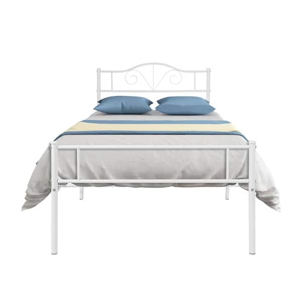Twin Metal Bed Frame In White Color, Tall Metal Twin Bed Frame With Storage