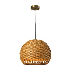 Gertrue 60-Watt 1-Light Modern Farmhouse Brown Woven Rattan Dome Pendant Light with Handwoven Bamboo Rattan Globe Shade