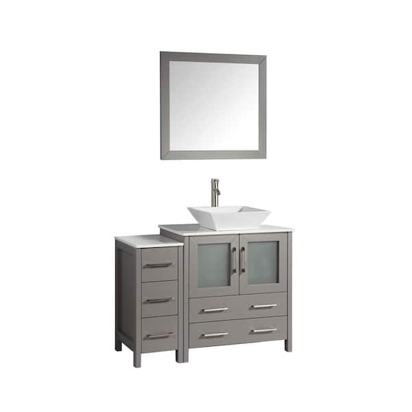 Vanity Art Ravenna 42 in. W Bathroom Vanity in Grey with Single Basin in White Engineered Marble Top and Mirror