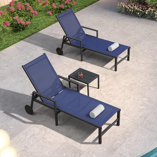 PURPLE LEAF 3-Pieces Aluminum Outdoor Chaise Lounge Chair with Wheels and Armrests Recliner Chair for Pool Backyard Beach, Navy Blue