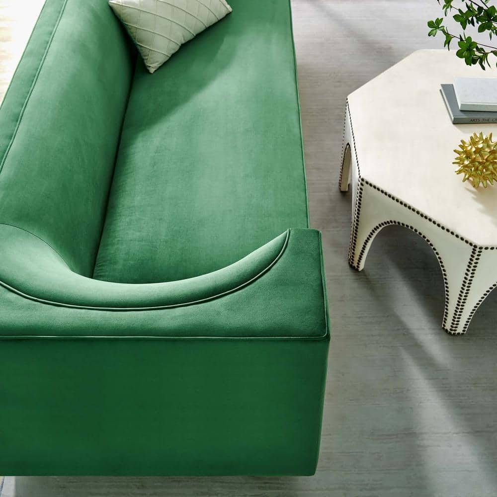 Emerald Green Velvet Sofa with Gold Base and Track Arms