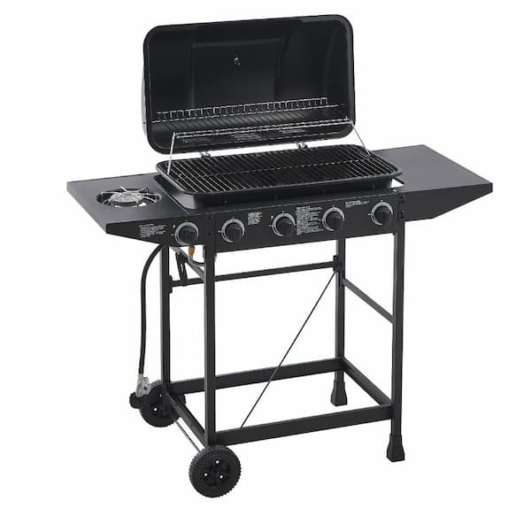 4-Burner Propane 42,000 BTU Stainless Grill with Side Burner, Enameled Grates & Side Tables for Patio