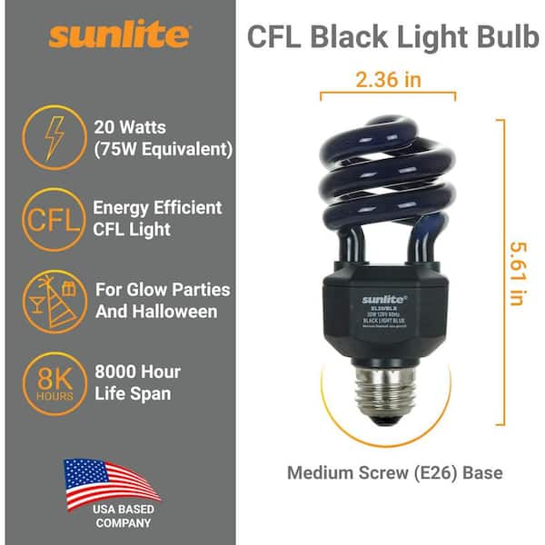 6 Pack Blacklight Blue 6 Pack Sunlite SL20/BLB/3PK 20W Spiral Energy Saving CFL Light Bulb Medium Base 
