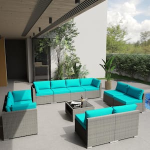 11-Piece Wicker Outdoor Patio Sectional Sofa Conversation Set with Coffee Table and Turquoise Cushions