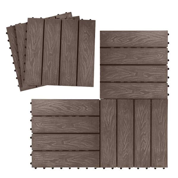 Afoxsos 1 ft. x 1 ft. Square Outdoor Square Teak Deck Tile, Patio Interlocking Flooring Tiles, Brown (6-Pcs) Composite