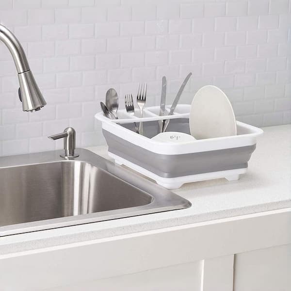 Collapsible Drying Dish Rack with Space-Saving for Kitchens, RVs, Campers, Travel, and Storage, Gray and White (1-Pack)