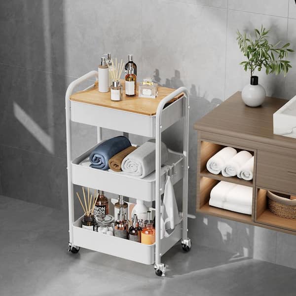 3-Tier Rolling Utility Cart White with Table Top Sturdy Metal Storage Organizer on Wheels with Hooks