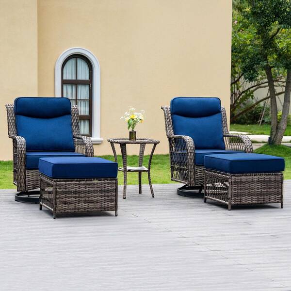 5-Piece Wicker Patio Conversation Set with 5 in. Thick Blue Cushions and Ottomans, High Back Outdoor Swivel Rocker