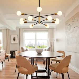 12-Light Modern Height Adjustable Sputnik Chandelier Black and Gold for Bedroom Living Room Dining Room Kitchen Foyer