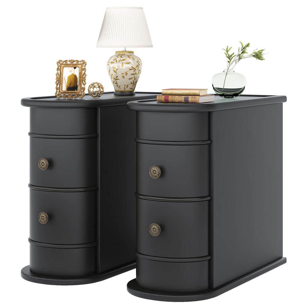 Black Wooden Slim Nightstand with 2 Drawers
