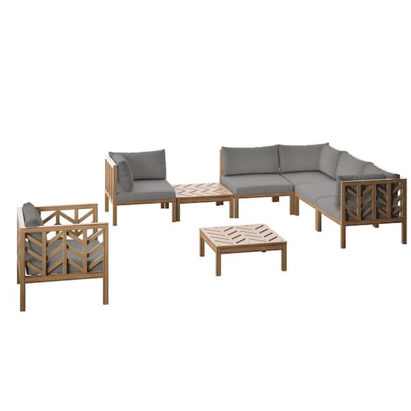 TK CLASSICS 8-Piece Acacia Outdoor Sectional Conversation Set with Grey Cushions