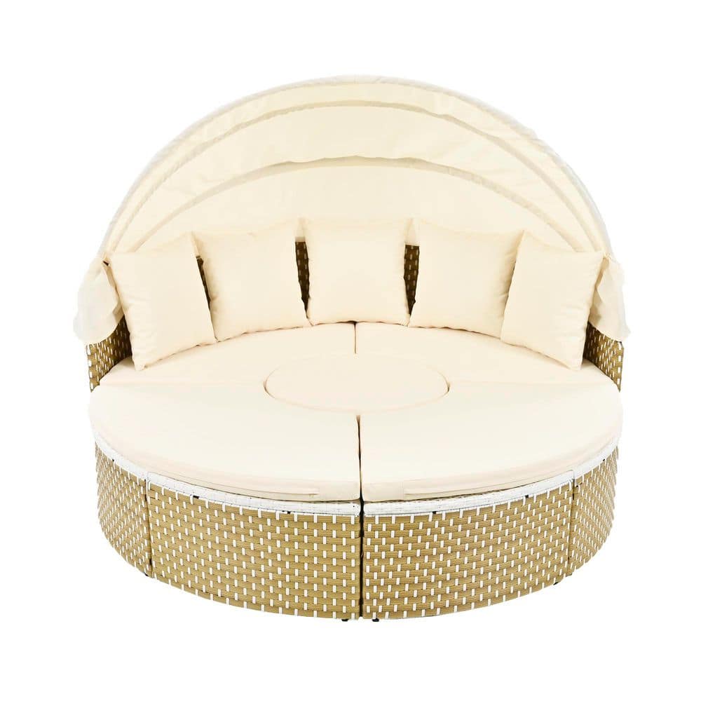 Round Natural Wicker Outdoor Sectional Set and Day Bed with Beige Cushion a