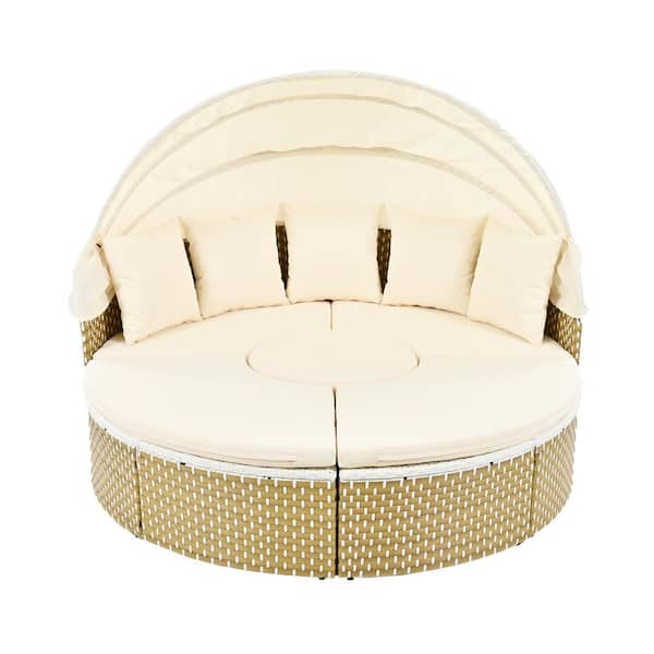 Unbranded Round Natural Wicker Outdoor Sectional Set and Day Bed with Beige Cushion and Canopy