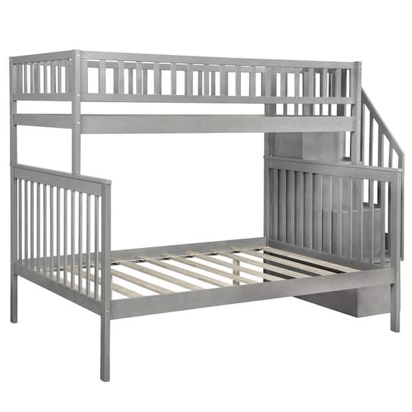 Qualfurn Gray Twin Over Full Stairway, Metal Twin Over Full Bunk Bed With Trundle And Storage Stairs
