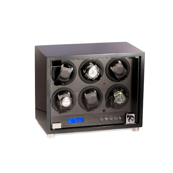 Carbon Fiber 6-Watch Winder with Locking Glass Door
