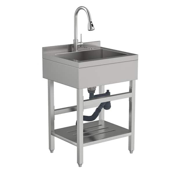 24 in. Freestanding Sink Stainless Steel 1-Compartment Commercial Laundry/Utility Sink with Pull-Out Faucet for Kitchen