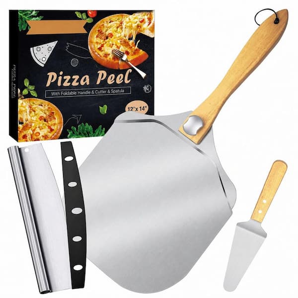 12 Inch Aluminum Pizza Peel with Foldable Wooden Handle, Includes Pizza Rocker Cutter and Metal Spatula
