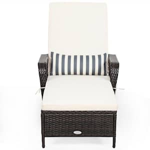 Brown Wicker Outdoor Chaise Lounge with Beige Cushions