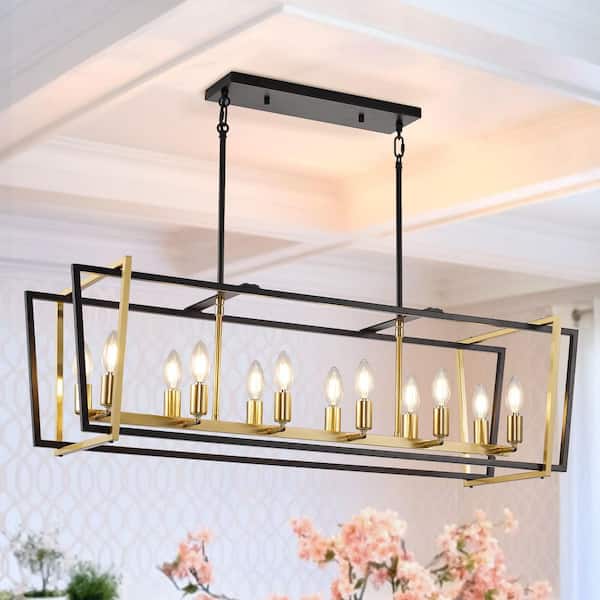 12-Light Black and Gold Rectangular Adjustable Pendant Light with E12 Bulb, No Bulbs Included