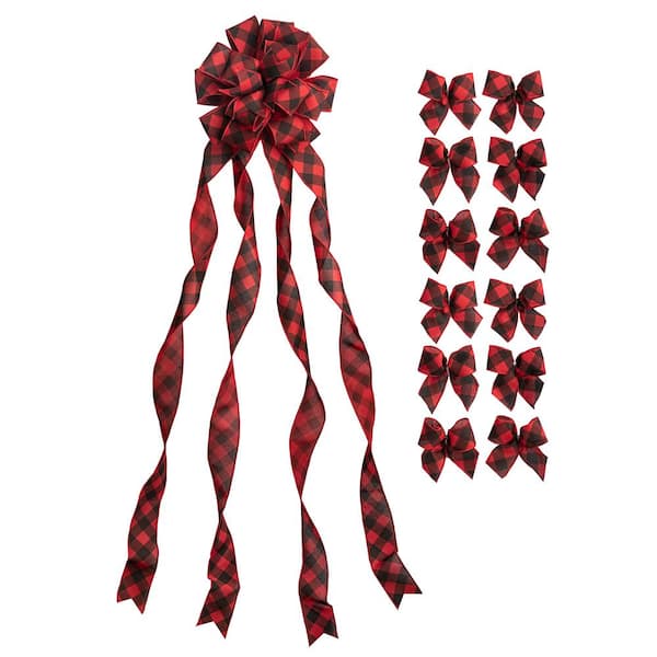 NEW TRADITIONS SIMPLIFY YOUR HOLIDAY Christmas Tree Topper Bow and 12 Mini Bows Red and Black Buffalo Check Plaid Ribbon