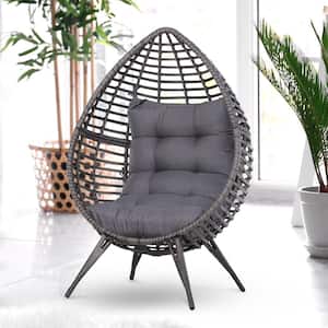 Black Teardrop Shaped Plastic Rattan Outdoor Lounge Chair with Grey Cushions & Pop-Out Drink Tray