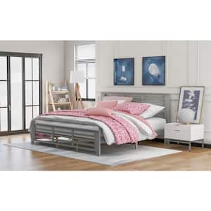 Gray Wood Frame King Size Platform Bed with Horizontal Strip Hollow Shape
