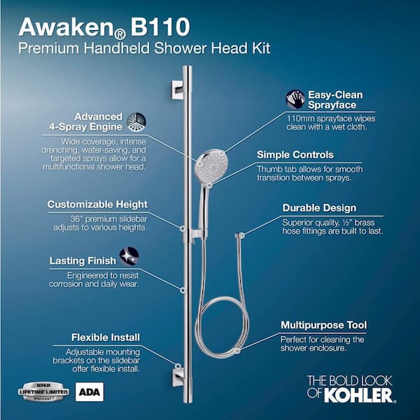 Awaken 4-Spray Premium Slidebar Kit with Handshower in Vibrant Brushed Nickel