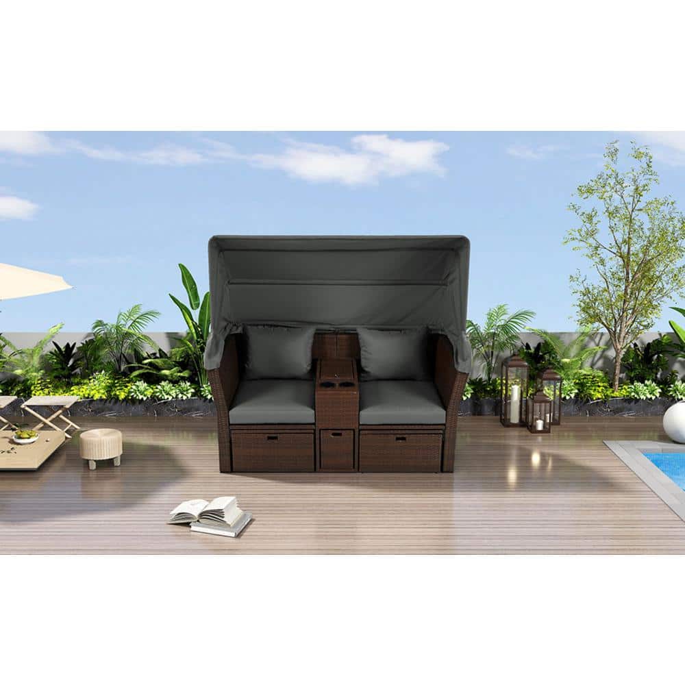 2-Seater Gray Wicker Rattan Outdoor Patio Double Day Bed Outdoor Love seat 