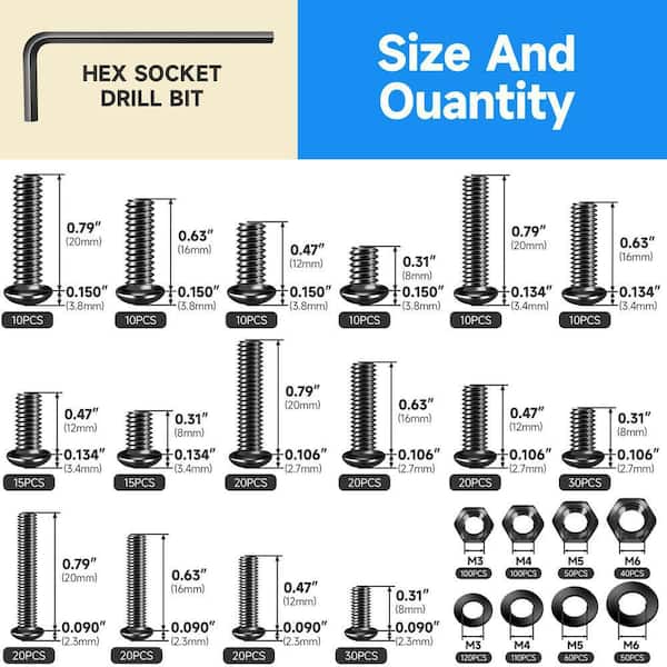 900-Piece Metric Bolt and Nut Assortment Kit, Grade 10.9 Hex Socket Screws (M3-M6) with Washers, Wrenches Black Finish