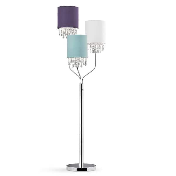 HomeGlam FLORENCE 68 in. Chrome Finish 3-Light Crystal Pendants Floor Lamp with Mix Color Shades