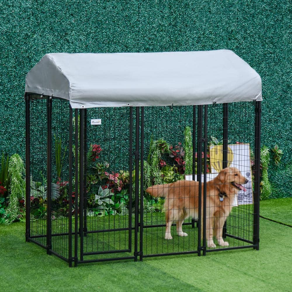 Large Black Steel Outdoor Dog Kennel with UV-Resistant Roof