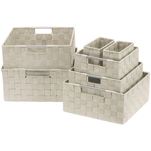 Beige 12.5 in. x 6 in. Polypropylene Decorative Basket (Set of 7), Storage Baskets for Organizing, Mesh Closet Storage