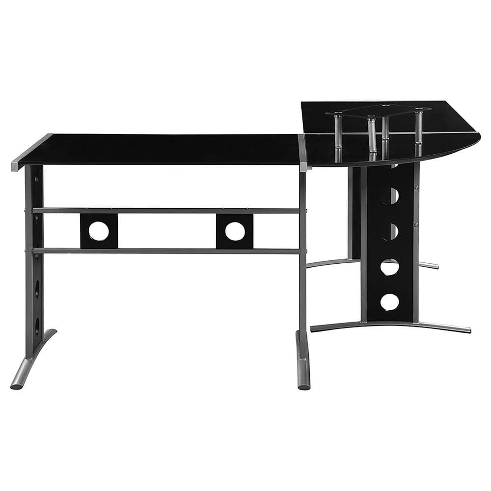 Contemporary Black Glass L-Shape Corner Desk with Silver Accents