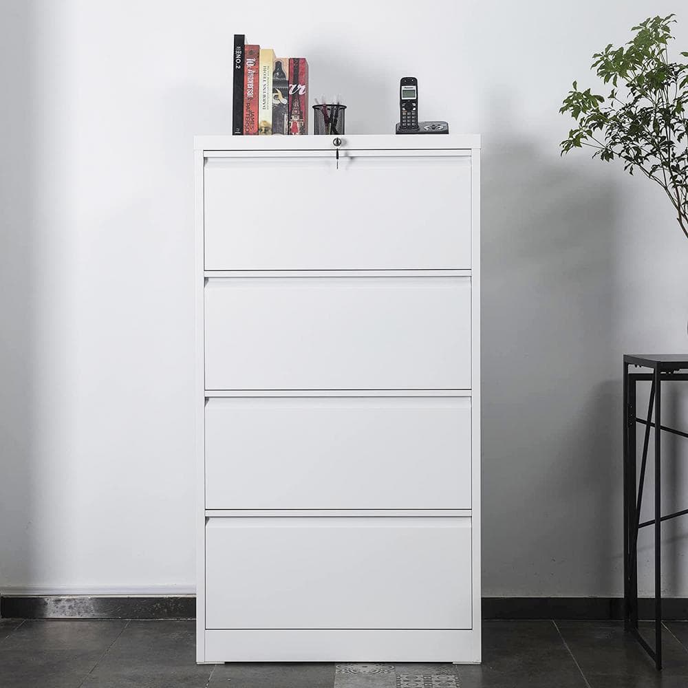 AOBABO White 4-Drawer Lockable Lateral Metal File Cabinet