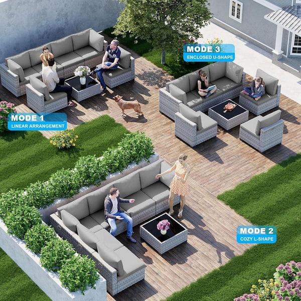 muphyers 7-Piece Wicker Outdoor Sectional Set Sofa Couch with Grey
