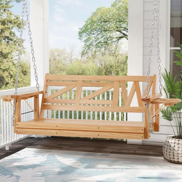 Unbranded 2-Person Nature Wood Porch Swing with Hanging Chains Upgraded Cupholders