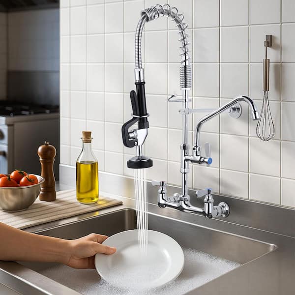 Wall Mount Triple Handle Pull Down Sprayer Kitchen Faucet with Pre-Rinse Sprayer with Advanced Spray in Polished Chrome